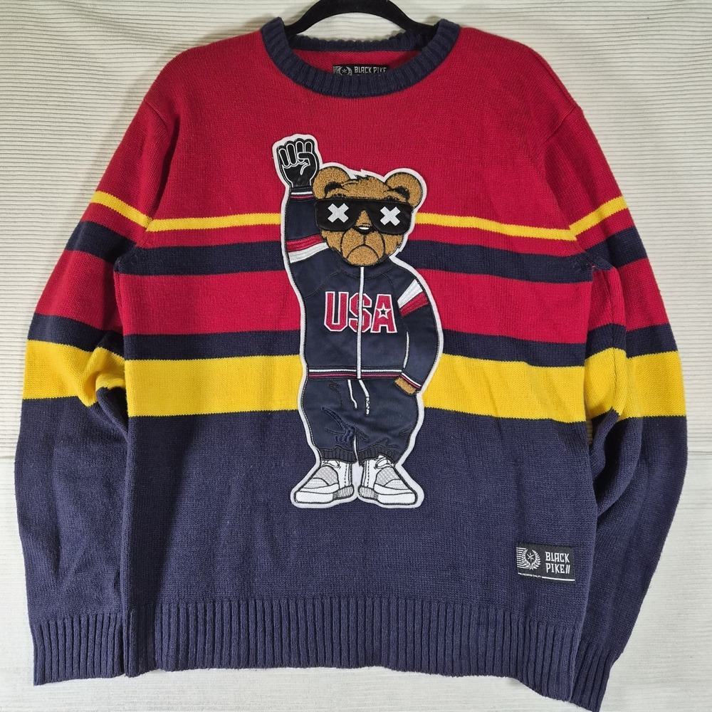 Black Pike USA Bear Graphic Sweater Mens Medium Red Yellow‎ Striped Streetwear